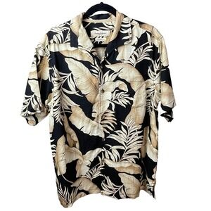 Tommy Bahama Shirt Men Medium 100% Silk Tropical Leaf Pattern Black Tan Hawaiian